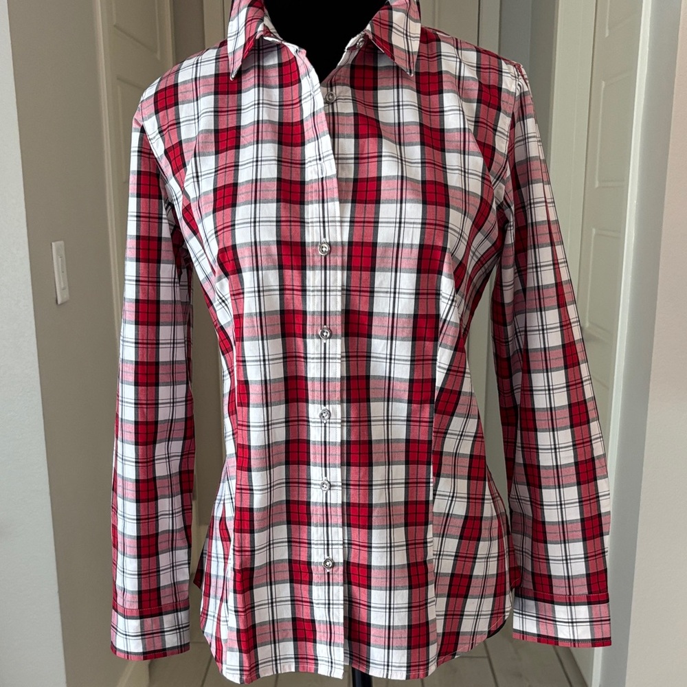 Talbots Red, White, Black Plaid Shirt Size 8P - Picture 7 of 13